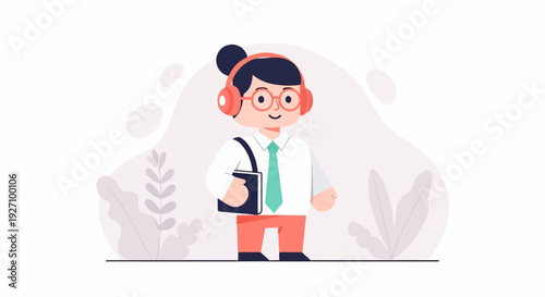 Person with headphones and book, wearing shirt, tie, and trousers, with plants
