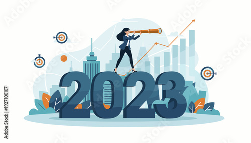 Businesswoman looking through telescope for opportunities and targets in 2023. Concept of economic growth, future vision, and achieving goals with rising bar chart and city skyline background.