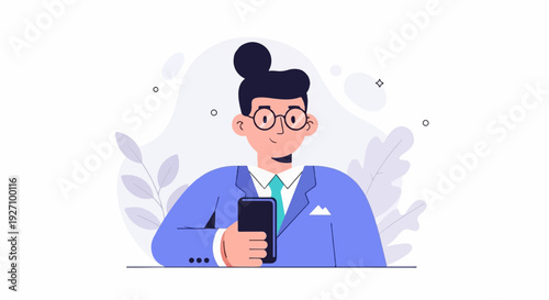 A stylized individual in a blue suit and glasses holds a smartphone, set against a pale background with abstract shapes and foliage