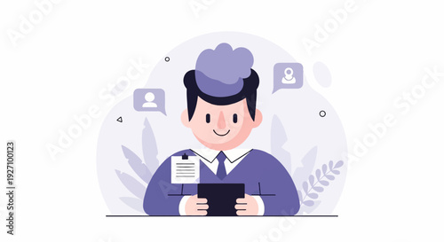 A smiling person in a suit holding a tablet, with chat bubbles and plants around them