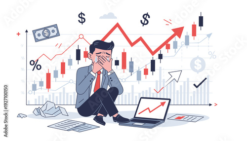 Stressed Businessman Crying over Stock Market Crash and Financial Loss, Concept of Economic Crisis, Bankruptcy, and Failed Investment Strategy with Falling Charts, Volatility, and Money Loss.