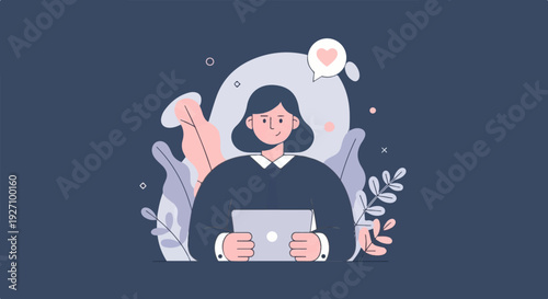 A woman smiles while holding a laptop, surrounded by abstract plants and a heart icon