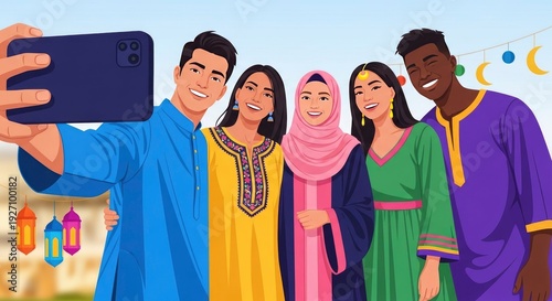 A diverse group of friends dressed in traditional clothing taking a selfie during a festive celebration with colorful lanterns and banners in the background
