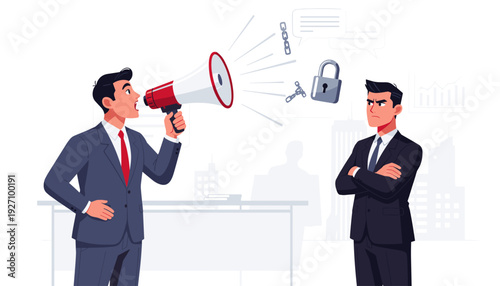 Businessman shouting into a megaphone at a resistant manager to break chains and padlocks, representing freedom of speech, communication, protest, and overcoming censorship in a corporate office.