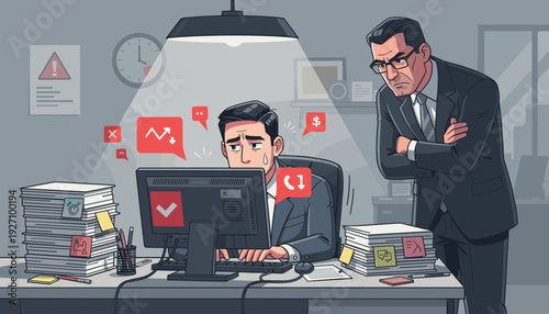 Stressed Employee Working Late Under Pressure of Strict Boss in Office Vector Illustration, Overworked Businessman Facing High Workload, Deadlines, and Micromanagement in Toxic Corporate Culture