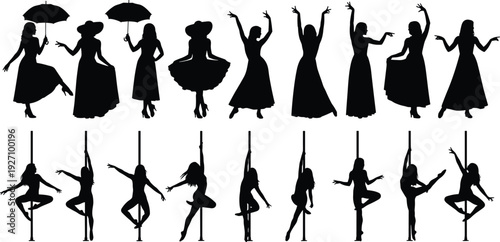 Female dancer silhouettes collection elegant women dancing and pole dance poses vector set