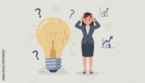 Stressed Businesswoman Standing Next to a Large Cracked Lightbulb Representing Lack of New Ideas, Creative Block, Business Failure, and Frustration in Problem Solving Vector Illustration