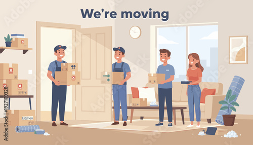 Professional Moving Service in New Apartment with Delivery Workers Carrying Cardboard Boxes. Happy Couple Relocating to New Home with Help of Professional Movers. Flat Vector Illustration.