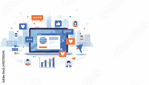 Online Marketing and Social Media Networking Concept Vector Illustration Featuring Laptop Computer, Global Communication Icons, People Avatars, Business Growth Charts, and City Skyline Background