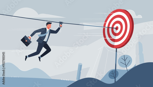 Businessman in Suit with Briefcase Sliding on Zipline Towards Large Bullseye Target Concept for Business Success Achievement Goal Orientation Career Growth Speed Efficiency and Strategic Focus
