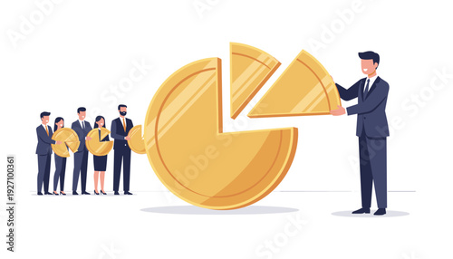 Shareholder and Stakeholders Concept with Businessman Taking Large Pieces of a Golden Coin to Make Money. Corporate Profit Sharing, Dividend Distribution, Wealth Inequality, and Financial Growth.