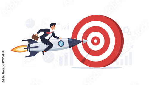 Successful businessman riding a rocket missile towards a large target, conceptualizing powerful marketing strategy, target audience engagement, rapid business growth, and startup achievement.