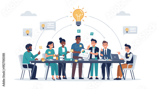 Diverse business team collaborating in a meeting, sharing creative ideas and brainstorming with light bulbs, charts, and sticky notes for project planning and teamwork in a modern office space.