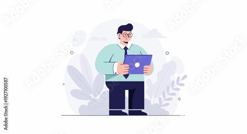 Animated person in a shirt and tie holding a tablet, surrounded by abstract plant shapes
