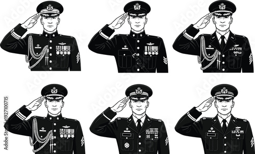 Military officer saluting silhouettes army uniform soldier gesture vector illustration set isolated