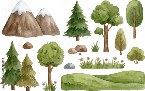 Watercolor woodland landscape clipart set with mountains