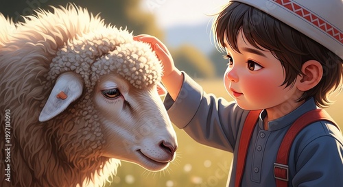 Innocent child tenderly interacts with a fluffy sheep under a warm sun, showcasing the beauty of nature, gentle animal connection, and childhood wonder