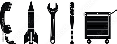 Mechanical tools and equipment silhouettes set including wrench bat telephone and toolbox vector