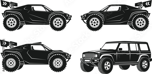 Off road vehicles silhouettes desert buggy and SUV adventure transport vector illustration set