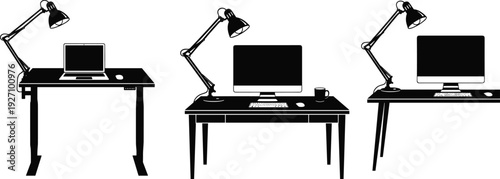 Office desk workspace silhouettes with computer laptop and lamp modern workplace vector set