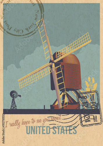 United States Attraction Postcard, Traditional Texas Windmill Illustration, Vector Template Retro Style Greeting Card. Postal Imprint, Aged Paper Texture