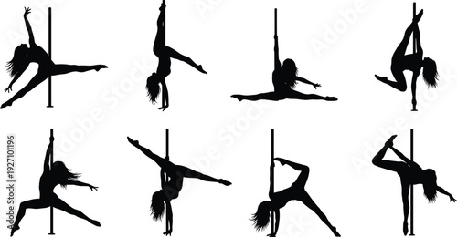 Pole dance silhouettes set of female dancers performing acrobatic fitness moves isolated vector illustration
