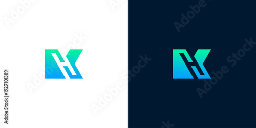 Dynamic and innovative lettermark logo design combining geometric forms resembling H and K with a vibrant blue to green gradient, ideal for modern technology or business branding