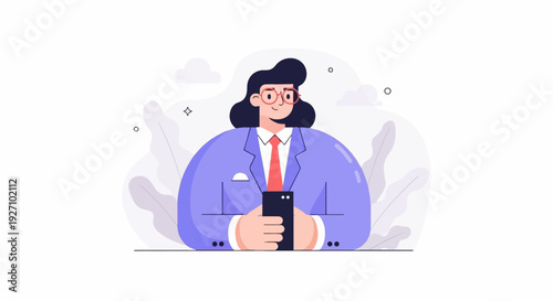 Stylized person in a suit holding a smartphone, with abstract shapes in the background