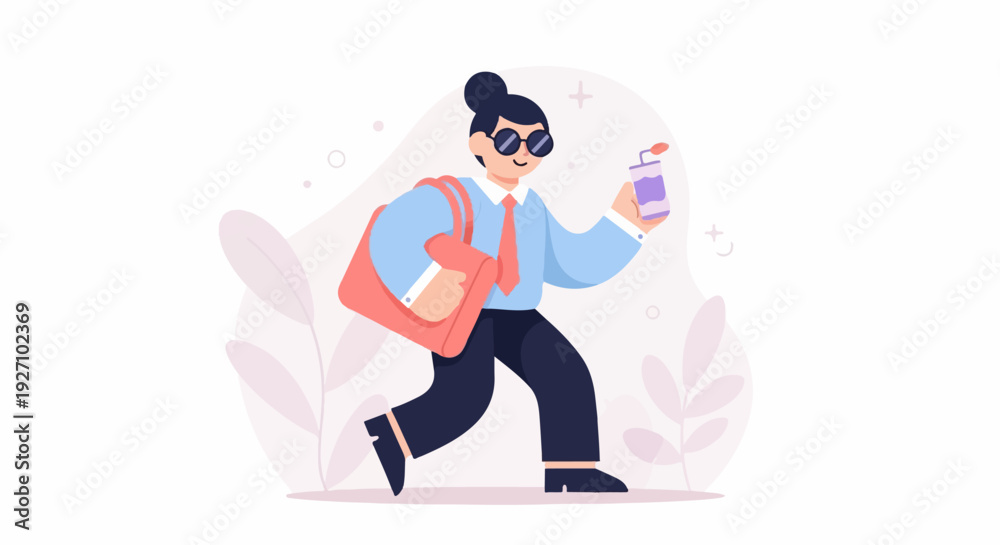 Obraz premium Animated figure strides, holding a beverage container and bag, amidst stylized flora