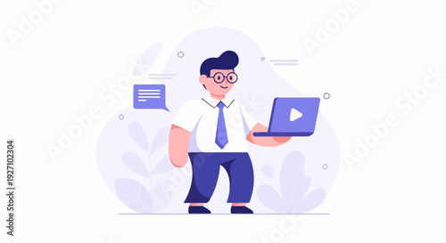 A stylized man in a tie and glasses holds a laptop, with abstract shapes and a speech bubble