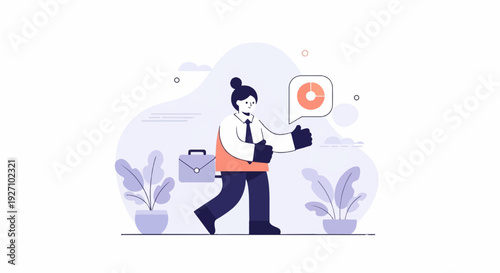 A stylized person in business attire gives a thumbs up with a data chart in a speech bubble