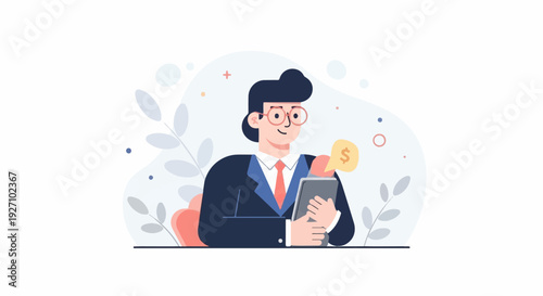 Business professional with glasses checking phone for financial insights with a dollar symbol
