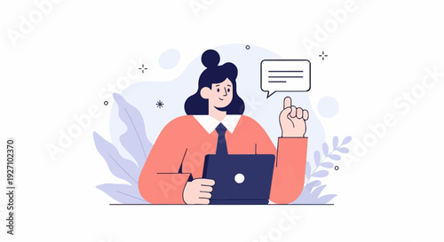 A woman in a coral shirt and tie holds a laptop, pointing upwards with a speech bubble nearby