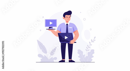 Cartoon man in suit holding laptop and monitor, with plants and abstract shapes