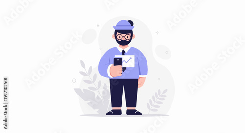 A man in a hat and glasses holds a phone displaying a graph, with decorative plants