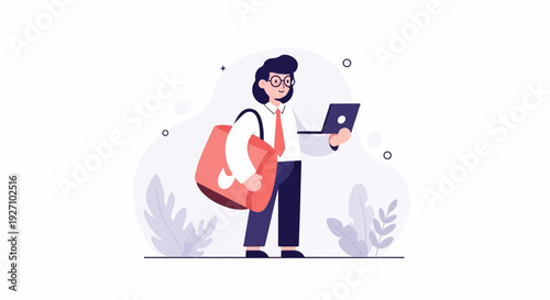 Person with laptop and bag, standing amidst abstract shapes and foliage