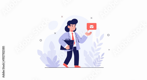 A person in a suit holds a briefcase and offers an email notification