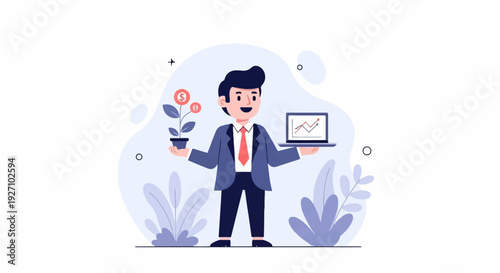 Businessman holding a potted money plant and a laptop displaying a graph