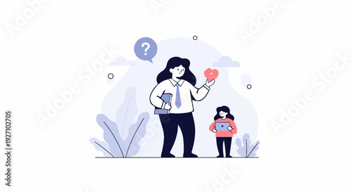 Abstract illustration of a person holding a heart and another person with a tablet
