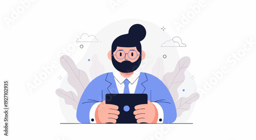 A man in a blue suit and tie holds a tablet, surrounded by stylized plants and clouds