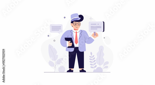 A smiling man in a suit holds a tablet and gestures towards a speech bubble illustration