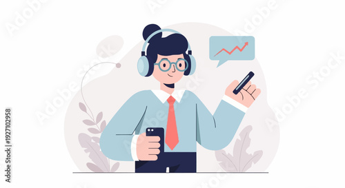 Person wearing headphones and glasses, holding a phone, with a speech bubble showing a rising graph