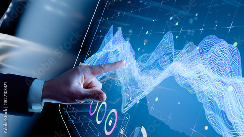 Foto Businessman touching interactive digital data visualization screen — futuristic