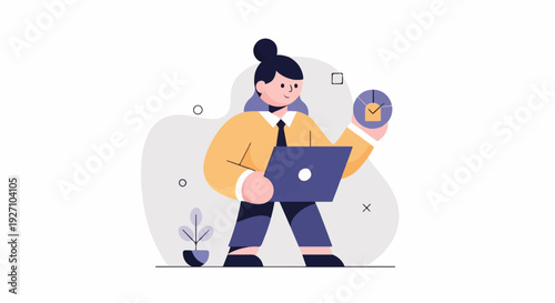 Modern illustration of a person with a laptop and clock, representing business and productivity