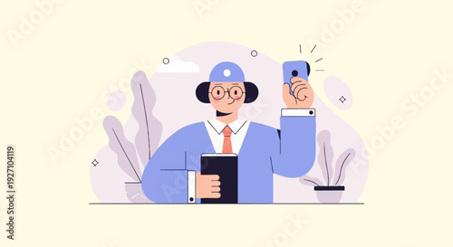 A person in a blue suit and hat takes a selfie with a smartphone while holding a book