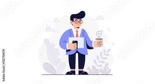 Man in suit holding tablet and trophy with soft background