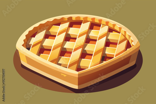 Delicious lattice-top apple pie on brown surface with golden crust perfectly baked in hexagonal dish on green background