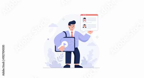 A man in business attire holds a portfolio with a play button and a chat bubble containing profiles