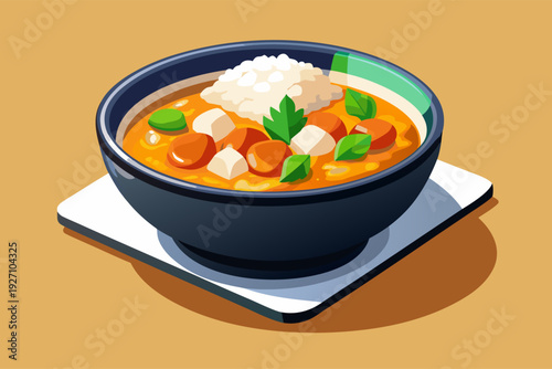 Vibrant bowl of tofu and vegetable soup with rice garnish on a stylish surface