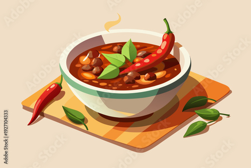 Spicy chili bowl with red peppers and basil leaves on wooden board, featuring steaming hot beans and herbs for a flavorful meal